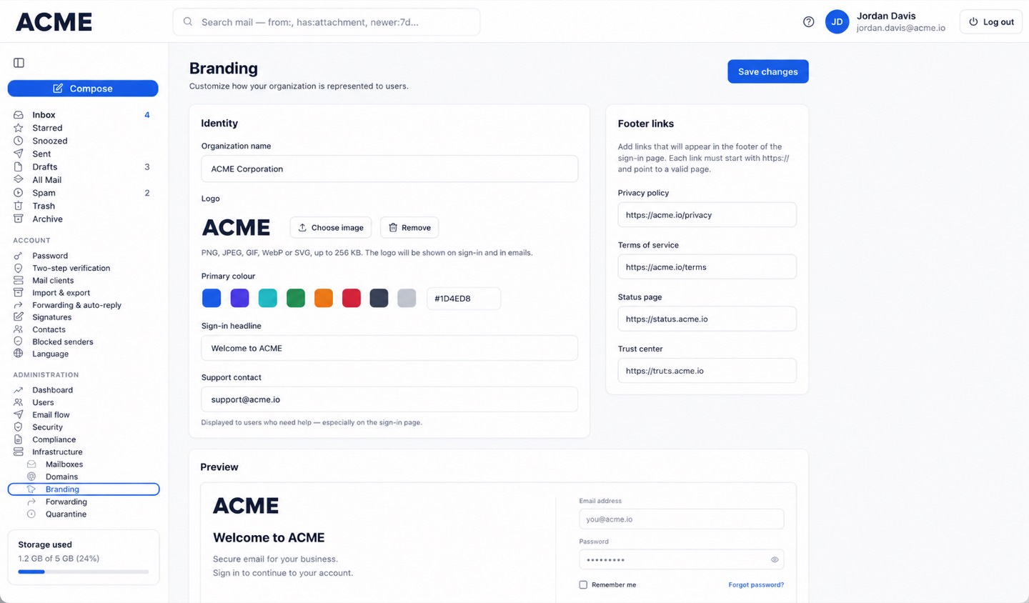 White-label branding settings with organisation logo, primary colour and a live preview of the sign-in page