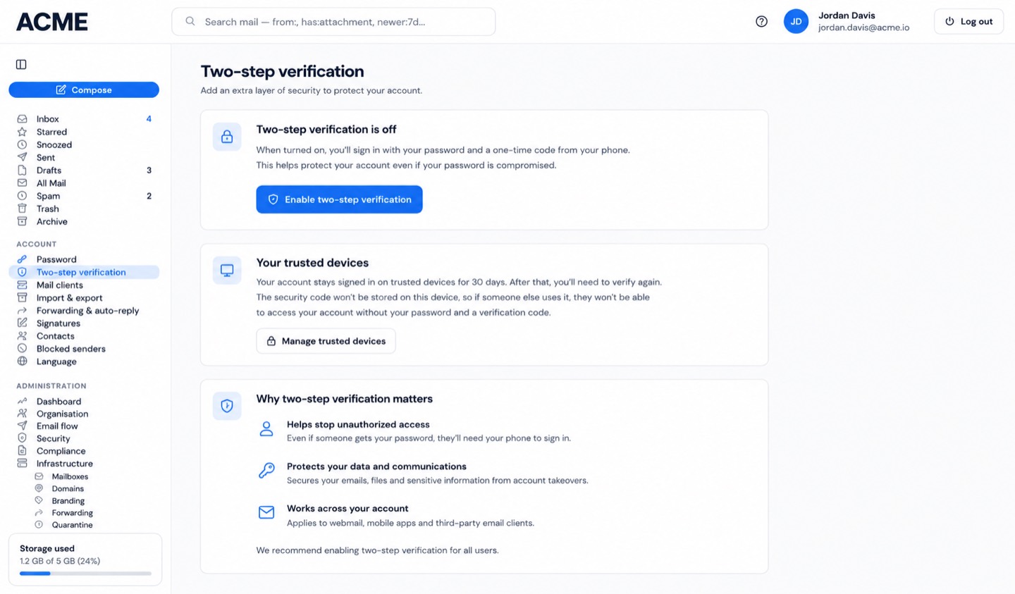 Two-step verification settings with trusted device management and recovery guidance