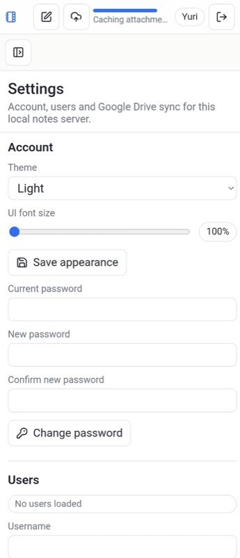 Settings screen with theme, UI font size, password change and user management