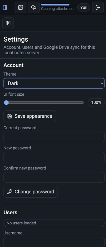 The same settings screen rendered in dark mode